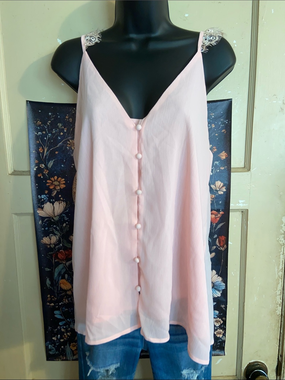 BABY PINK FANCY TANK TOP Button Front Eyelash Lace Straps